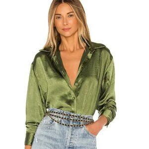 Lovers + Friends Salina Satin Button Down Top in Olive Green